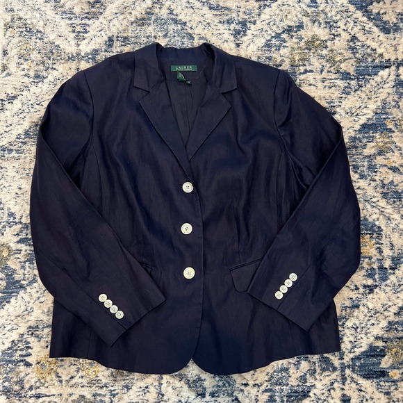 Lauren Ralph Lauren Navy Blue Linen Blend Blazer Womens 14W Button Front